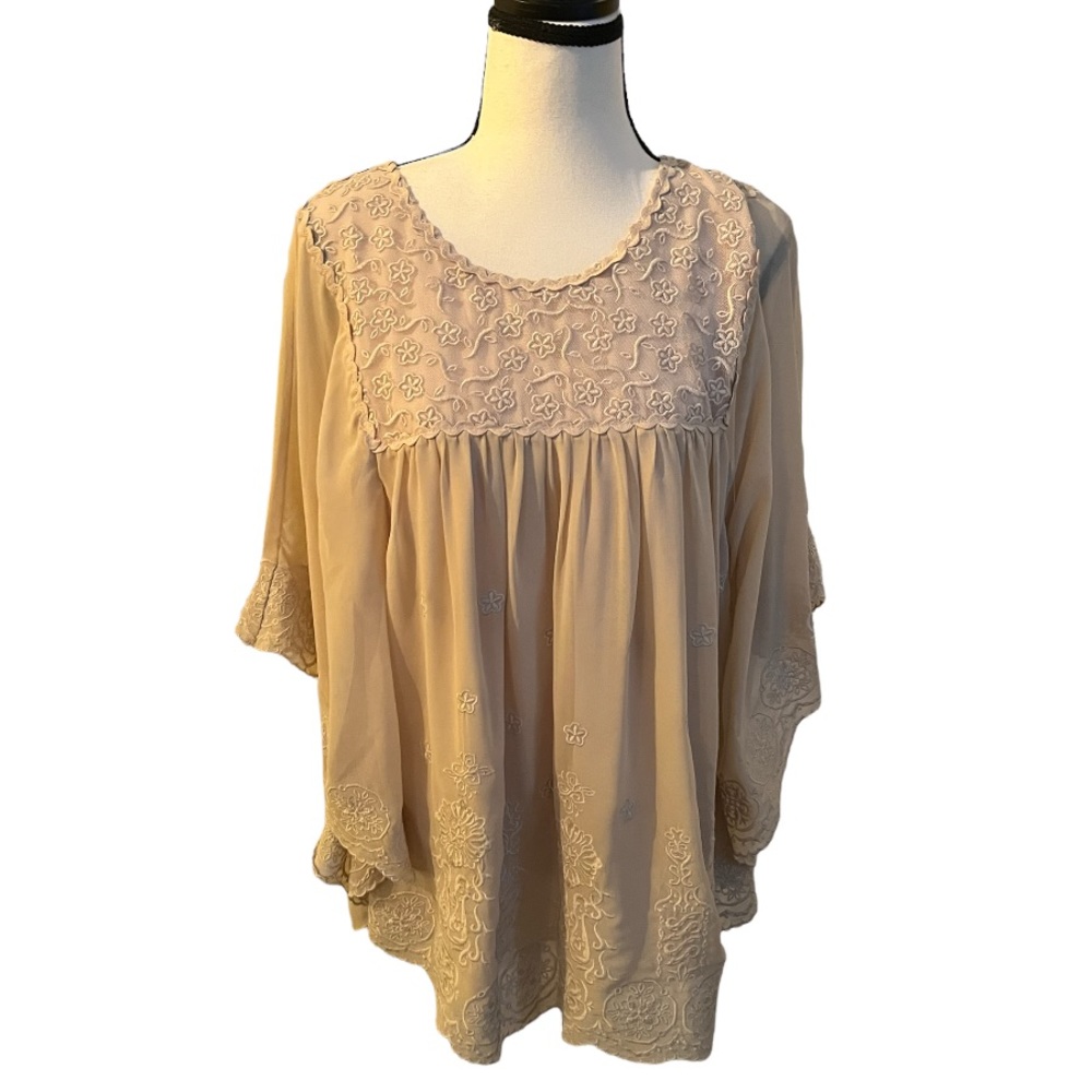 INC Blouse Tunic Cream Floral Embroidery Embroidered Flower Flowers Medium M - Picture 1 of 7